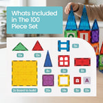 Playmags 100-Piece Magnetic Tiles for Kids, STEM Building Blocks Set with Click-in ABC Learning Tiles and Magnetic Figures