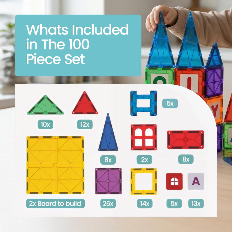 Playmags 100-Piece Magnetic Tiles for Kids, STEM Building Blocks Set with Click-in ABC Learning Tiles and Magnetic Figures