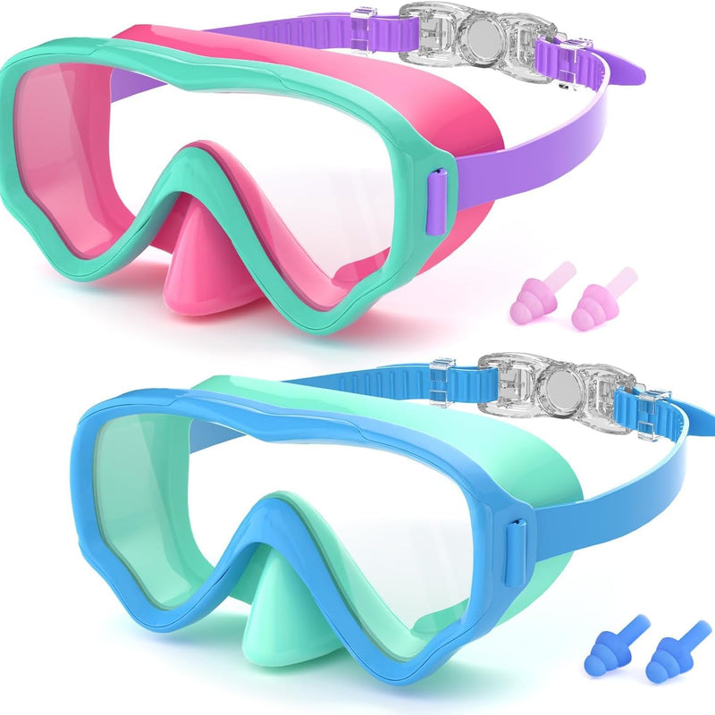COOLOO 2 Packs Kids Goggles with Nose Cover, 180° Wide View Swimming Goggles for Kids 4-16, No More Hair Snags Anti-Fog No-Leak Snorkel Mask for Boys Girls Youth
