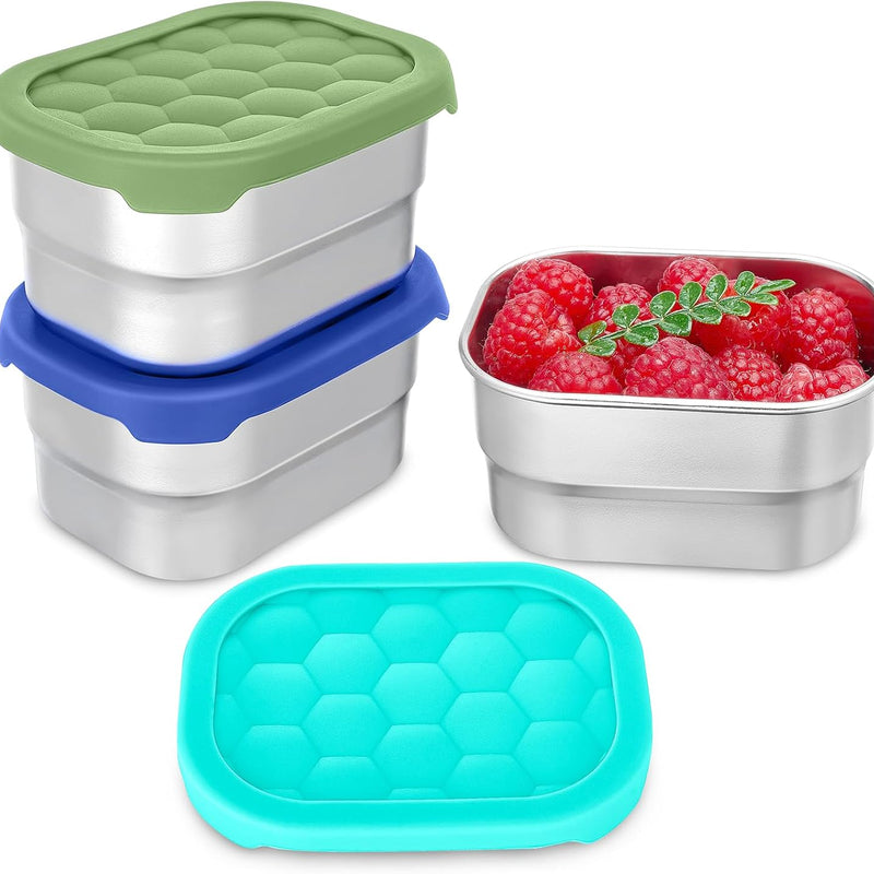 Gencywe® 3 Pack Stainless Steel Snack Containers for Kids, 8 oz Easy Open Leak Proof Small Toddler Snack Containers with Silicone Lids, Stackable Metal Lunch Box for Daycare and School (Blue)