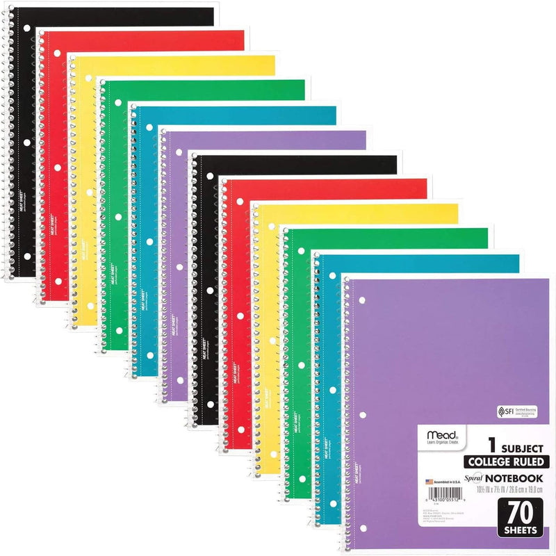 Mead Spiral Notebook, 1 Subject, College Ruled Paper, 7-1/2" x 10-1/2", 70 Sheets per Notebook, Colors Will Vary, 6 Pack (73065)