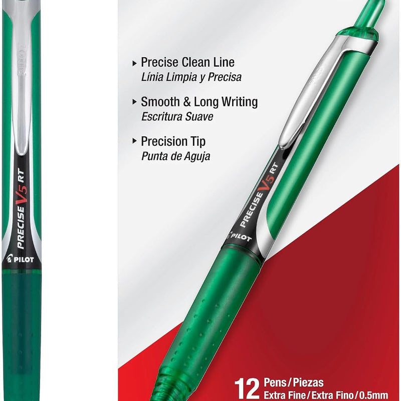 Pilot Precise V5 RT Refillable & Retractable Rollerball Pens, Extra Fine Point Pens 0.5 mm, Black, Pack of 12 - Ideal for School, Journaling & Office Writing