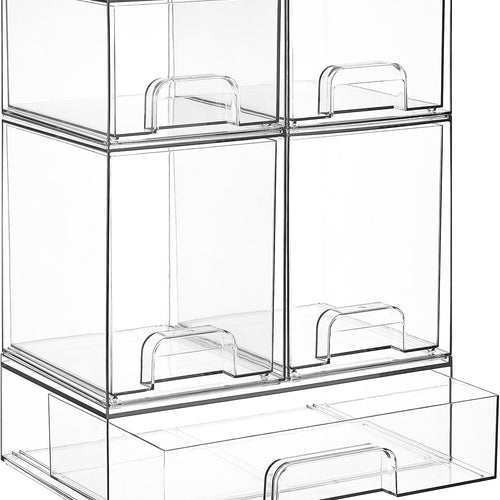 Vtopmart Stackable Storage Drawers Set of 5, Clear Plastic Organizer Bins for Baby Bottle, Beauty Supplies Storage, Ideal for Kichen Countertop, Vanity, Bathroom, Cabinet, Pantry Organization