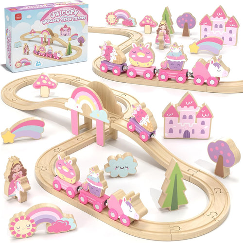 Lehoo Castle Unicorn Train Set for Toddlers 2-4, Wooden Train Track Toy for Girls
