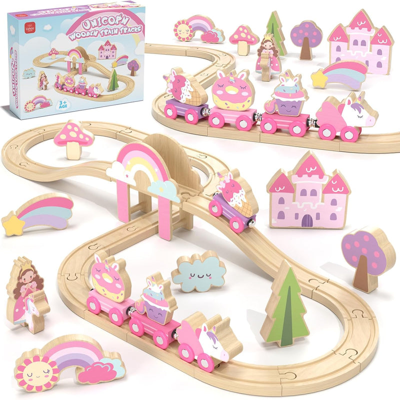 Lehoo Castle Unicorn Train Set for Toddlers 2-4, Wooden Train Track Toy for Girls