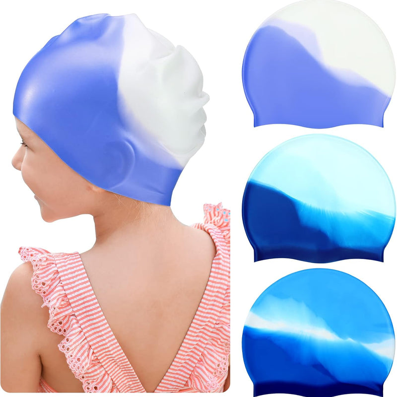 Zhanmai 3 Pieces Kids Swim Caps for Girls Boys Age 4-16 Silicone Swimming Cap Long Hair Teens Youths with Long Curly Hair Braids Dreadlocks Large Waterproof Pool Swim Hat