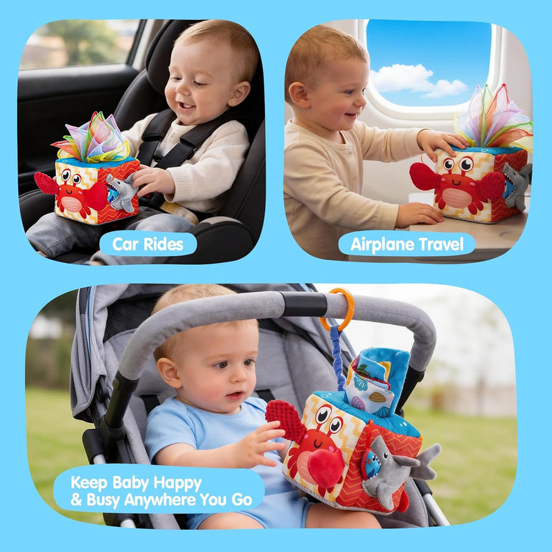 hahaland Baby Tissue Box Toy 6-12 Months Montessori Toys 6 7 8 9 Month Old | Textured Tails, Crinkle Tissues, Squeaky, Mirror, Pull & Hang Ring, Play Silks Sensoy Scarves Soft Baby Gift Busy Travel Toys