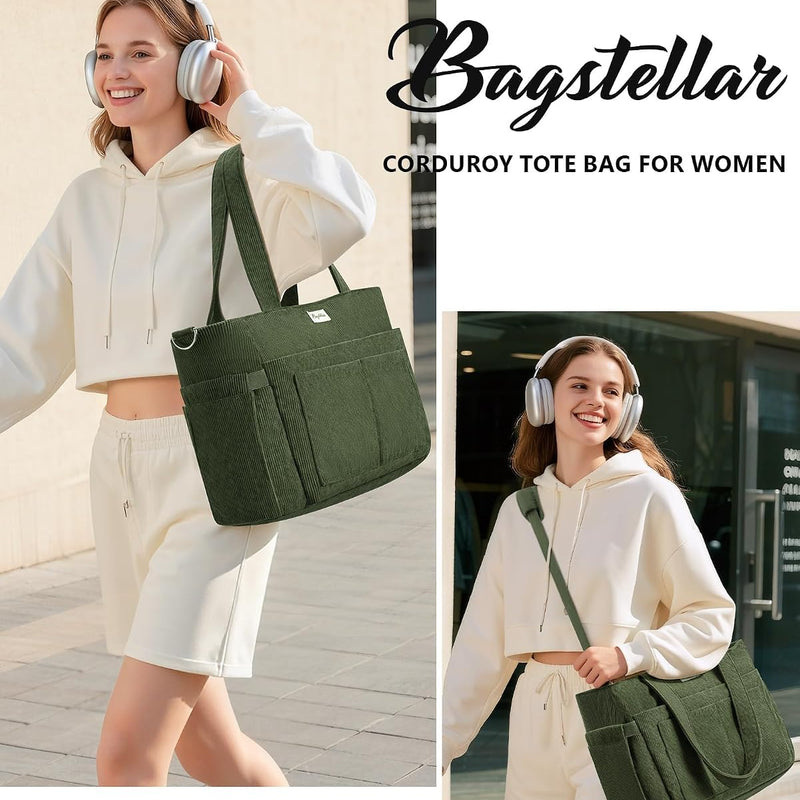 Bagstellar Corduroy Tote Bag for Women, 17 Pockets Laptop Work Tote Purse | Large 15.6” Computer Bag w/ 40oz Cup Holder & Strap, Zipper Teacher Nurse Bible Shoulder Bag for School Travel College Office