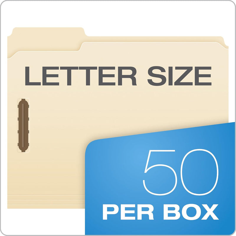 Pendaflex Fastener File Folders, 2 Fasteners, Pockets with Prongs, File Organizers for School, Home and Office, Letter Size, Manila, 1/3 Cut Tabs, in Left, Right, Center Positions, 50 Per Box (FM213)