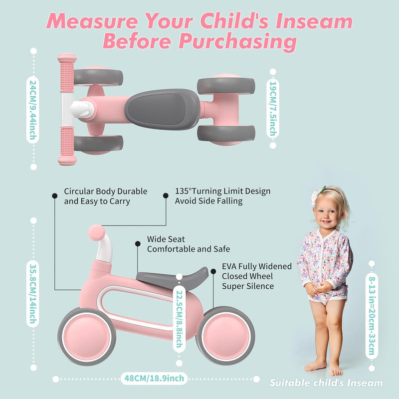 DRAMATION Baby Balance Bike, 10-12 Months, No Pedal Toddler Bike with Silence Wheels, 1st Birthday Gift, Ride On Toys for Boys Girls