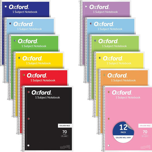 Oxford Spiral Notebooks, 12 Count Bulk Pack, 1 Subject, College Ruled Notebooks for School, 8 x 10.5 Inches, 70 Sheets, Assorted Colors, Back to School Supplies (65205)