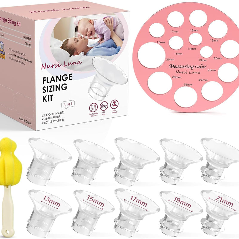 Nursi Luna Flange Sizing Kit, Flange Inserts for 24mm Breast Pumps, 10PCS | 13/15/17/19/21mm, Includes Nipple Sizer for Flanges to Find the Right Fit, Soft Silicone for Comfortable & Efficient Pumping