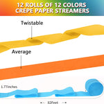 12 rolls crepe paper streamers, assorted colors, 82 feet length, birthday party supplies