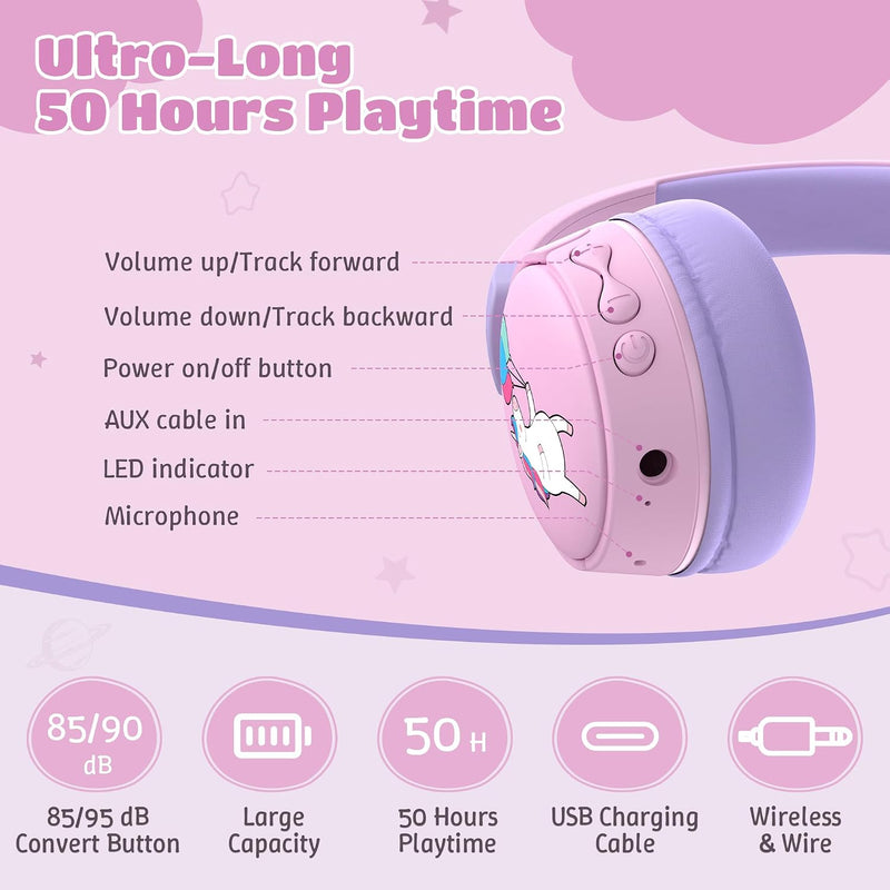 Kids Headphones Bluetooth for Girls, Toddler Headphones Wireless for School | 85/95dB Volume Limited, 50H Playtime, Bluetooth 6.0, Built in Mic, Fast Charging for Tablet, iPad, Cellphone