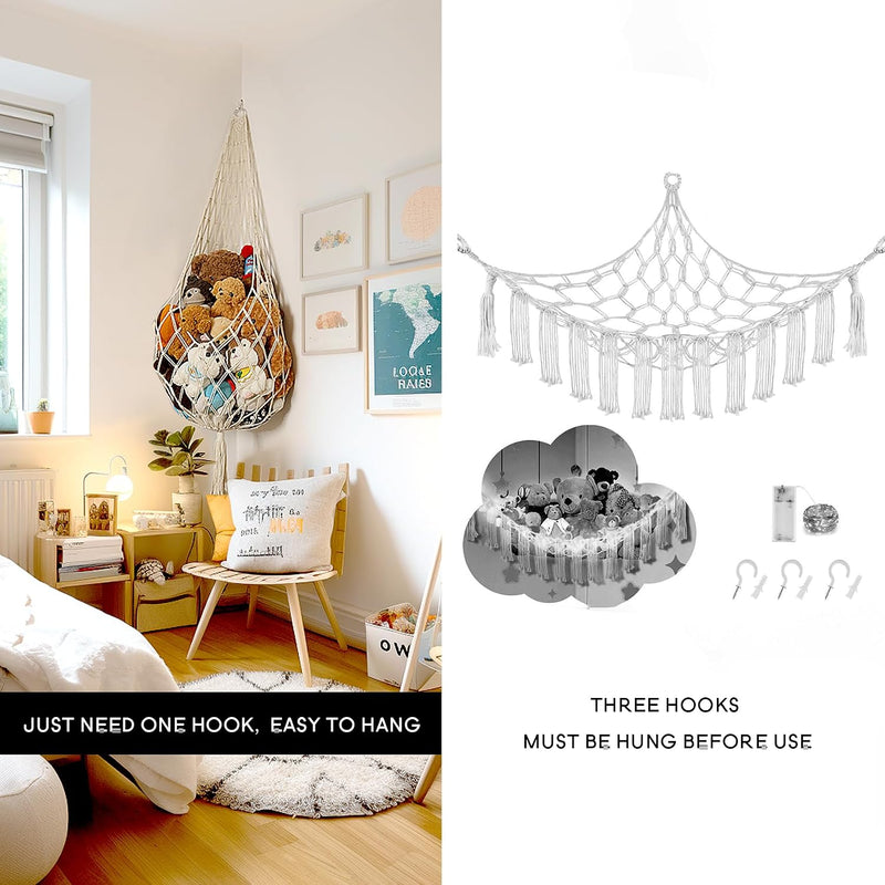 Amdermi Stuffed Animal Hammock Corner, Boho Macrame Plush Toy Storage Net for Wall, Hanging Stuffed Animal Holder for Nursery, Playroom, Kids Room, Cream