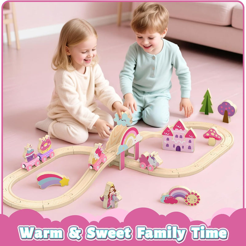 Lehoo Castle Unicorn Train Set for Toddlers 2-4, Wooden Train Track Toy for Girls