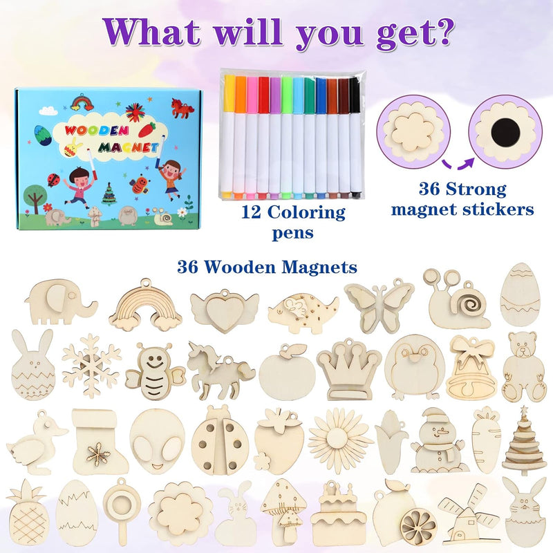 DIY Wooden Magnet 36 Art Craft Supplies Painting Kit for Kids Ages 4-8 8-12 | Party Favors for Boys Girls Birthday Easter Crafts Gifts Toys Basket Goodie Bag Stuffers
