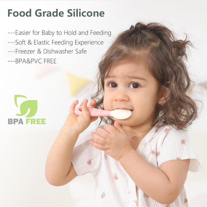4-Pack Silicone Baby Spoons, Seposeve Soft Gum-Friendly First Feeding Spoons for Babies, Baby Feeding Utensils Essentials, Easy-Grip Handle, BPA Free, Dishwasher Safe, 2 Pink 2 Purple