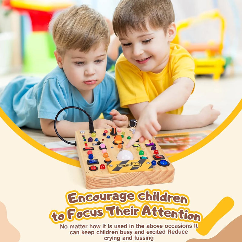Montessori Toy: 19-Switch Busy Board with LED Lights, Sensory Exploration for Toddlers 1-3 Years