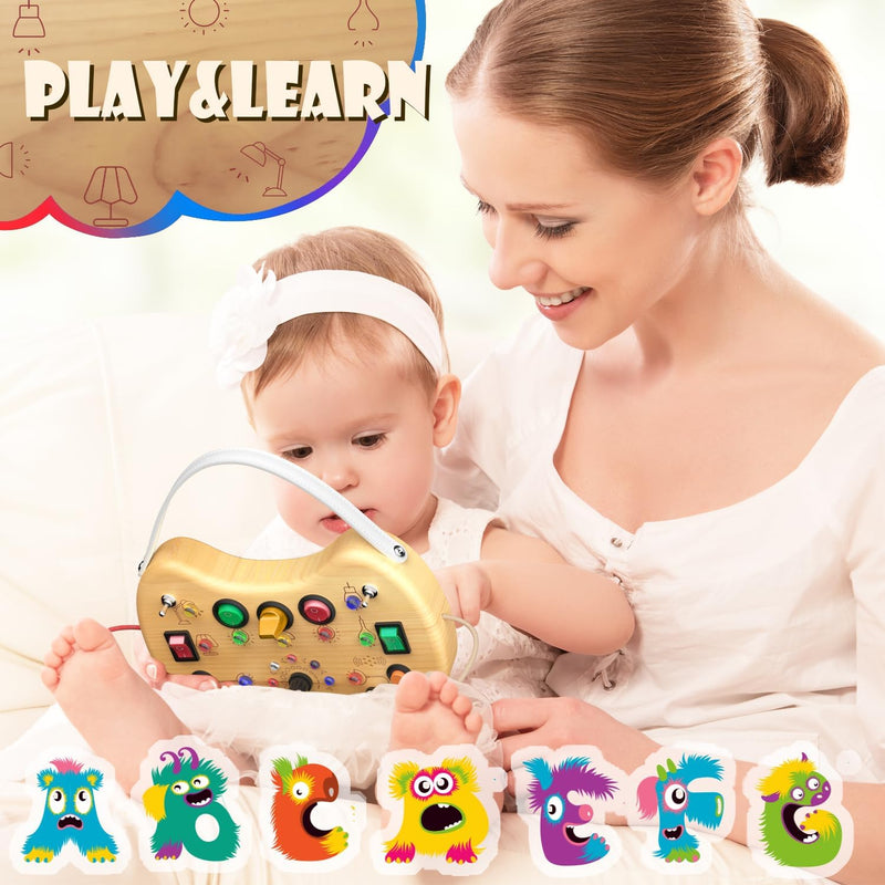 Montessori Busy Board with LED Lights & 12 Buttons, Portable Travel Toy for Toddlers 1-3 Years