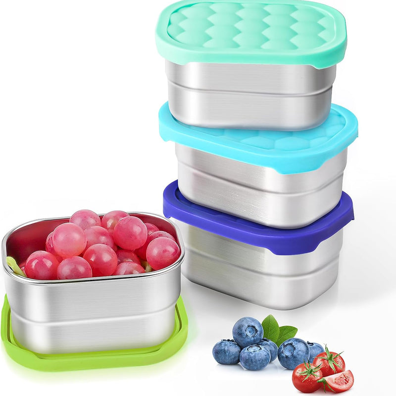 Tanjiae 4Pack 8oz Small (1 CUP) Stainless Steel Snack Containers for Kids | Reusable Easy Open Toddler Snack Containers with Silicone Lids | Stackable Toddler Lunch Box for Daycare, School and Travel