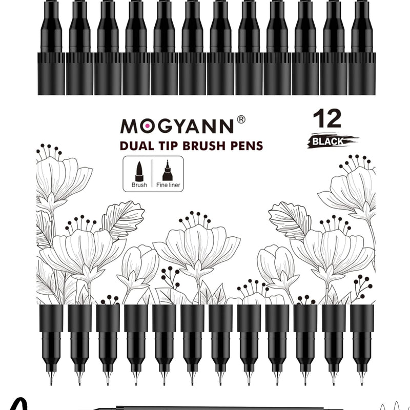 Drawing Pens, 12 Pack Dual Brush Pens Black Markers for Art Drawing Sketching