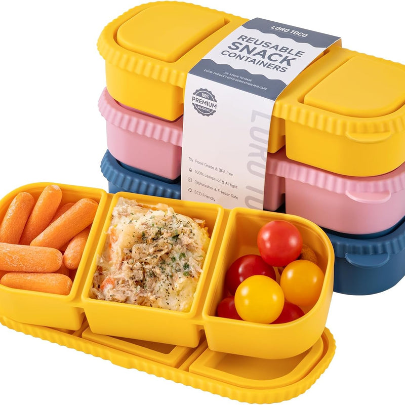 3 Pack Silicone Reusable Snack Containers with Lids - 8 oz Double Compartment Snackle Box for Kids & Adults, BPA-Free & Leakproof, Small for Dressing, Snacks, School, Office, Picnic