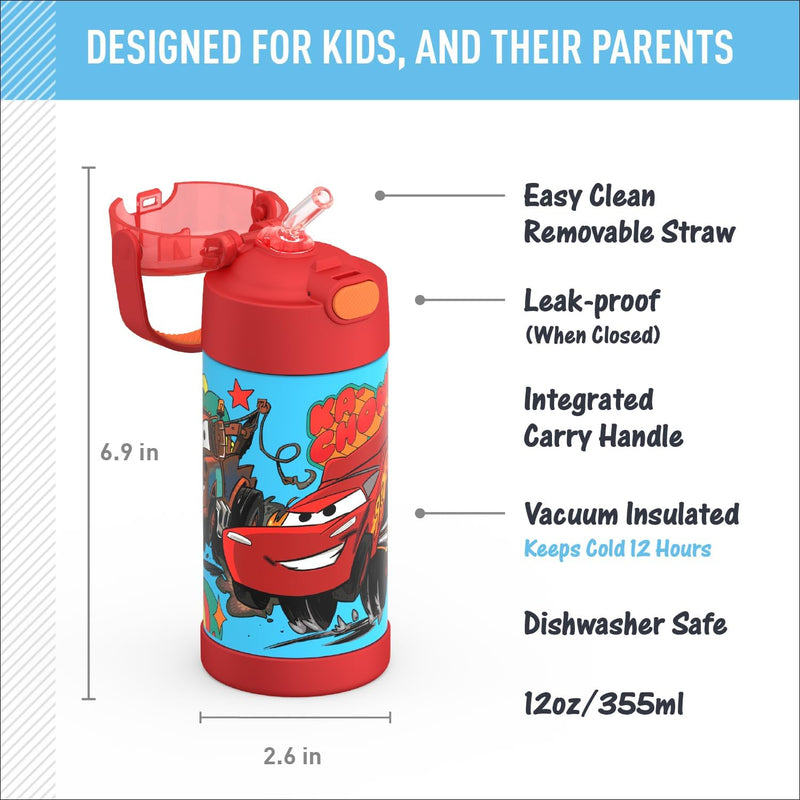 THERMOS FUNTAINER Water Bottle with Straw, 12oz, Cars | Kids Stainless Steel Insulated Water Bottle, Keeps Drinks Cold Longer for School & Play, BPA-Free