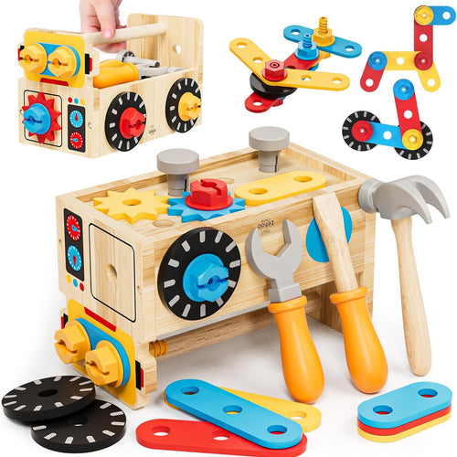 Montessori Kids Tool Set, Wooden Toddler Tool Bench Educational Toys for Ages 2-4, 2 Year Old Boy Gift for Birthday Christmas, STEM Pretend Play Tool Box, Learning Developmental Construction Toys