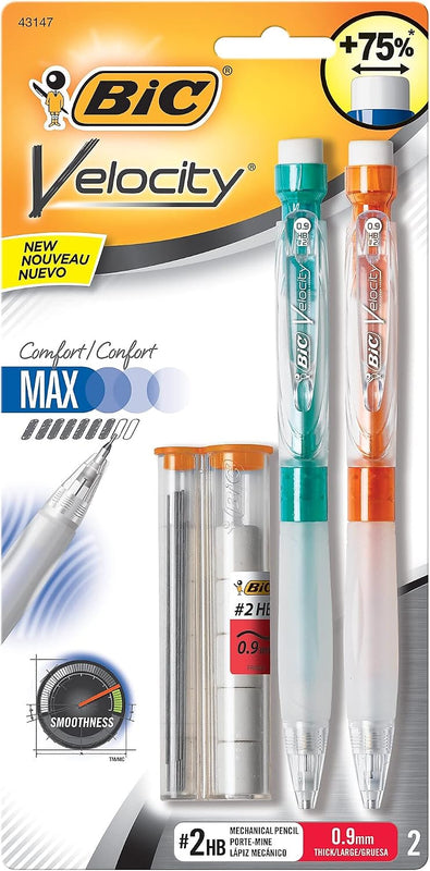 BIC Velocity Max Mechanical Pencils, With Colorful Barrel, Medium Point (0.7mm), 2-Count Pack Mechanical Pencils With Erasers and Lead Refills