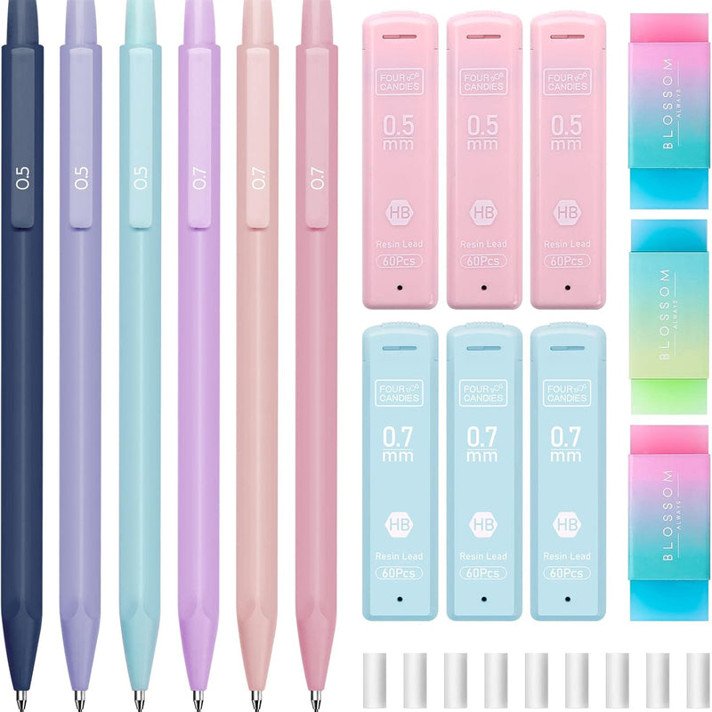 Four Candies Cute Mechanical Pencil Set, 6PCS Pastel Mechanical Pencils 0.5 & 0.7mm with 360PCS HB Leads, 3PCS Erasers and 9PCS Eraser Refills, Aesthetic School Supplies for Girls Writing