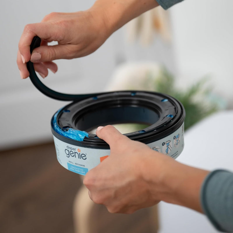 The Diaper Genie Unscented Round Refill 3-pack, with continuous film can hold up to 810 newborn-sized diapers per refill.