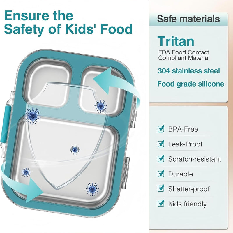 HOMEKOL Stainless Steel Bento Lunch Box, Blue, 3.3Cups | 3-Compartment,Leak-Proof, for Kids & Adults, BPA-Free, Dishwasher Safe, Clear Tritan Lid, 800ml (Not Insulated)
