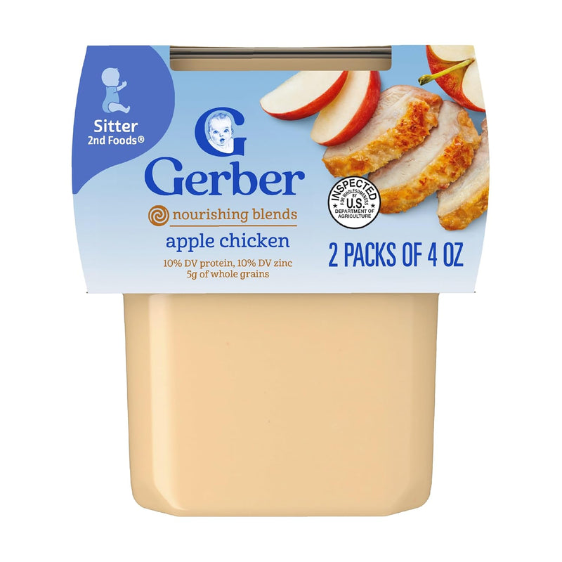Gerber Stage 2 Apple Chicken Baby Food, 4 Oz, 16 Pack | Stage 2 puree; apple chicken; 16 x 4 oz tubs
