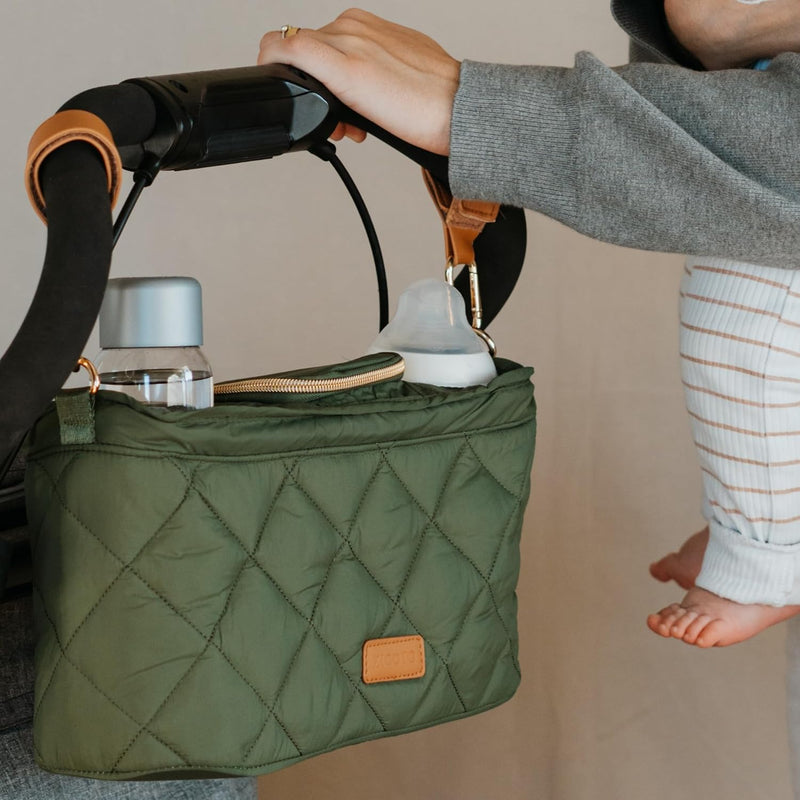 Beautiful Stroller Caddy Organizer With 2 Cup Holders - Zipper Pocket Bag | Luxury Stroller Bag with Universal Fit and Leather Straps - Spacious Accessories Perfectly Fits Doona, Nuna and Uppababy