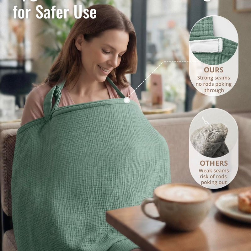 Blissful Diary Muslin Nursing Cover for Breastfeeding, Breathable Breastfeeding Cover up with Arch Neckline for Women, Nursing Apron (Roman Green)