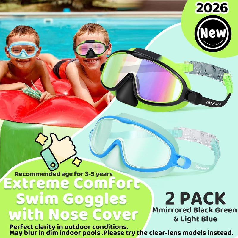 Vvinca 2 Pcs Kids Swim Goggles with Nose Cover, Swimming Diving Mask Wide View Anti Fog UV Anti Shattered Lens for Kids 3-14