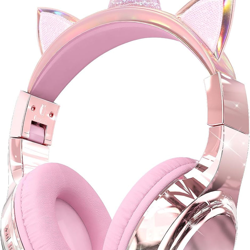 QearFun Kids Cat Ear Bluetooth Headphones, 60H, 74/85/94dB Volume Limit | Wireless headphones for kids with mic, fast charging, foldable design, wired mode for girls boys, school, tablet, travel
