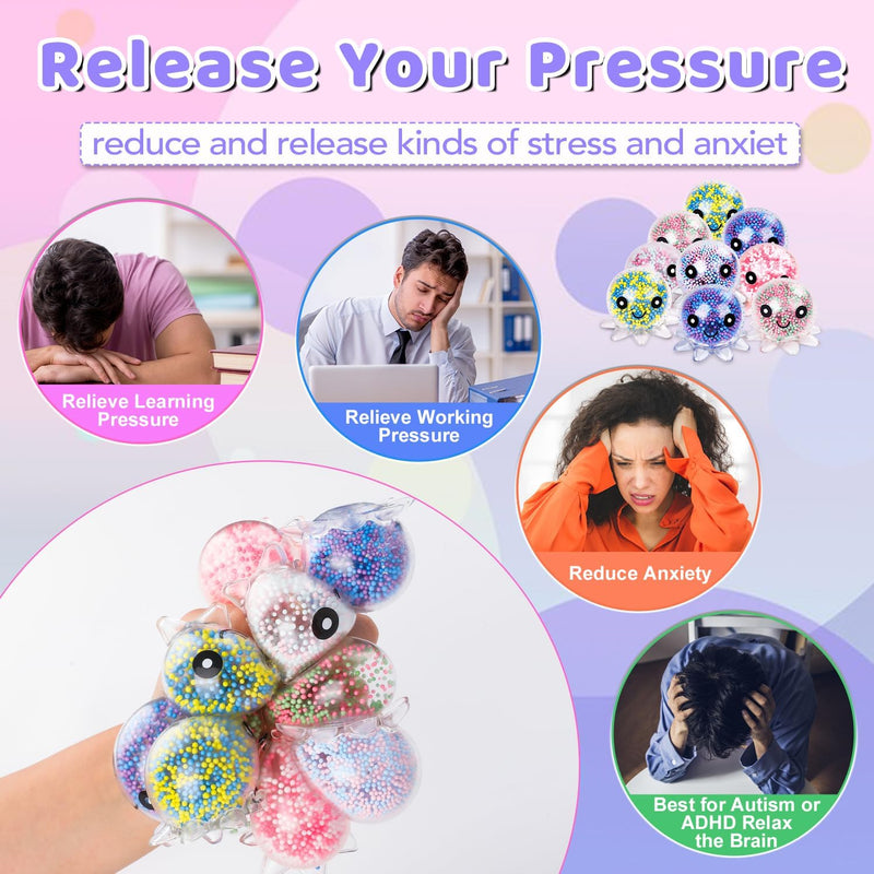 VESPRO 12 Pack Fidget Stress Balls for Adults, Cute Octopus Stress Sensory Stress Ball, Bulk Squishy Squeeze Ball Toys Set for Classroom Prizes and Birthday Party Favors