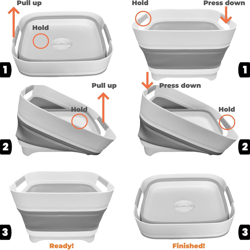 2.6 Gal Collapsible Baby Bottle Wash Basin with Drain Plug | Large 2.6 Gal Capacity, Comfort-Grip Handles, Folds Flat, BPA-Free PP and TPR, For Kitchen, RV, Camping, and Small Spaces