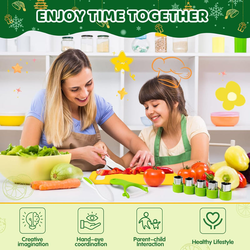 28PCS Toddler Knife Set - Kids Knifes for Real Cooking, Montessori Kids Kitchen Knife Set with Cutting Board Crinkle Cutters Kid Safe Knives, Toddlers Kitchen Tools for Age 2-10 Year Old Girl Boy