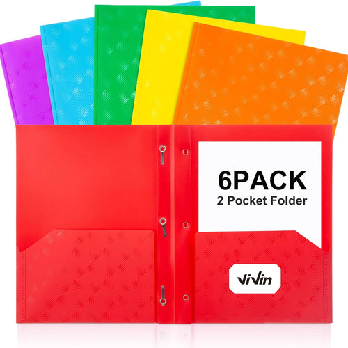 ViVin Plastic Folders with Pockets and Prongs,6 Pack,Heavy Duty 2-Pocket File Folder with 3 Fasteners,Fits Letter Size Paper,for School Home and Office(Assorted Color)