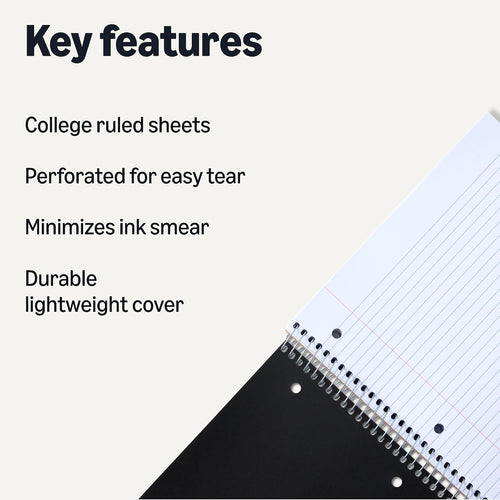Amazon Basics College-Ruled 3-Subject Spiral Notebook, 150 Sheets, 8.5 x 11 inches, Black
