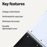 Amazon Basics College-Ruled 3-Subject Spiral Notebook, 150 Sheets, 8.5 x 11 inches, Black