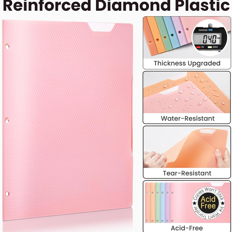 Sooez 6 Pack 2-Pocket Folders Heavy Duty, Plastic Folders with Pockets 3 Hole Punched, Pockets Folder for 3 Ring Binder with Writable Label, Letter Size, Pastels