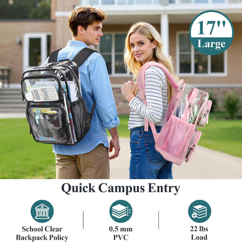 PACKISM Clear Backpack for School - 17 inch Large Heavy Duty Bookbag, Reinforced See Through PVC Transparent Backpack
