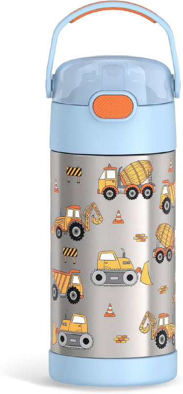 THERMOS FUNTAINER Water Bottle with Straw, 12oz, Construction | Kids Stainless Steel Insulated Water Bottle, Keeps Drinks Cold Longer for School & Play, BPA-Free