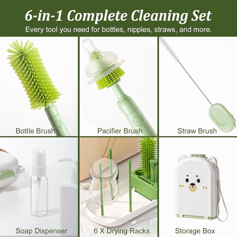 Travel Baby Bottle Cleaner Kit, 6-in-1 Brush Set for Bottles & Pumps | Compact Bottle Brush Set for Infant Feeding • Compact Travel Case • Bottles & Breast Pump Parts • BPA Free • On-the-Go