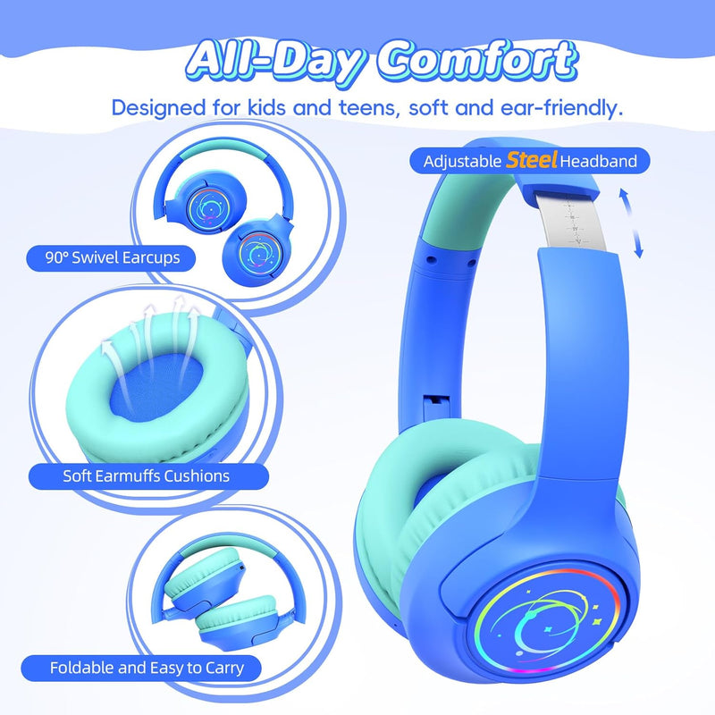 Kids Bluetooth Headphones with 85H Playtime, LED Lights, and 85/94dB Volume Limit, Blue