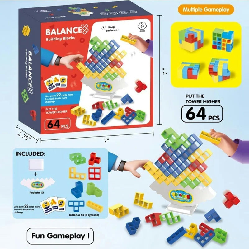 64 Pcs Stacking Tower Game with 22 Cards, Giant Tumble Balance Game for Kids and Adults